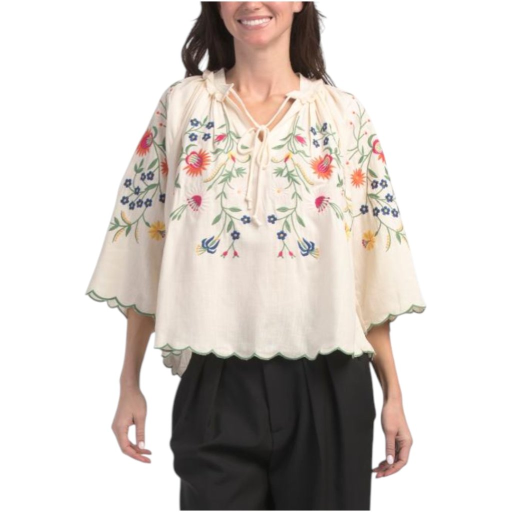 Solitaire Linen Blend Floral Embroidered Blouse